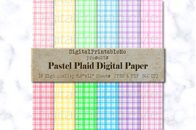 Pastel Plaid Digital Paper White Rainbow mixed variety of colors Scrap