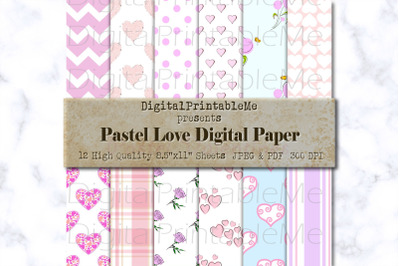 Shabby Love Digital Paper, Linen Romance pastel burlap heart pattern,