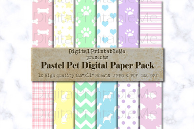 Pet Digital Paper Pack, Cat dog Fish Mixed Variety patterns, pastel, r
