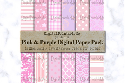 Pink Purple Digital Paper, pastel pattern,  Scrapbook Pack, printable