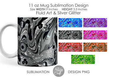 Sublimation designs for mugs, 11 oz mug, Fluid art, silver glitter