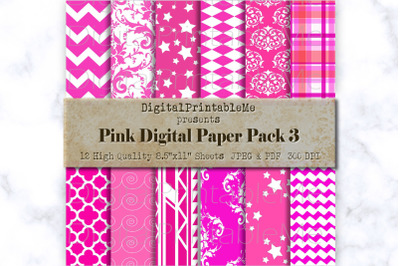 Hot Pink Pattern Digital Paper, White Fuchsia,  Scrapbook Pack, printa