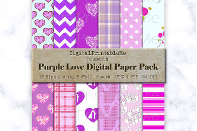 Purple Mixed Pattern Digital Paper, Love romance, Scrapbook Pack, prin