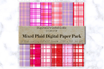 Red, Pink, Purple Plaid Digital Paper, White, Fuchsia, Scrapbook Pack,