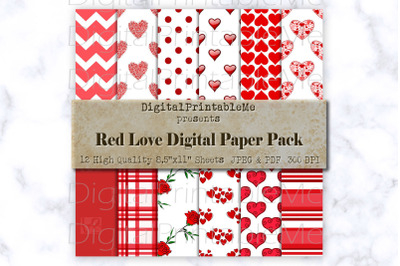 Red Mixed Pattern Digital Paper, Love romance, Scrapbook Pack romantic