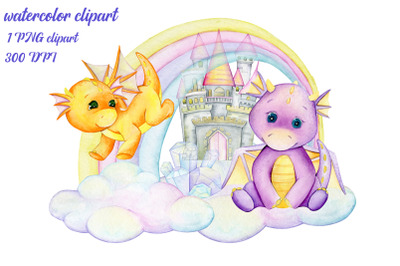 Dragon Clipart set. Watercolour animals. fairytale card. Planner Drago