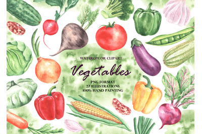 Vegetables watercolor clipart. Harvest vegetables clipart. Kitchen.