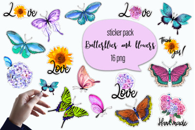 Butterflies and flowers watercolor - sticker pack