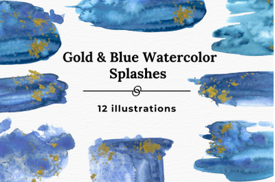 Blue and gold ink watercolor splash collection