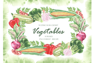 Vegetables watercolor frames. Vegetables watercolor clipart.