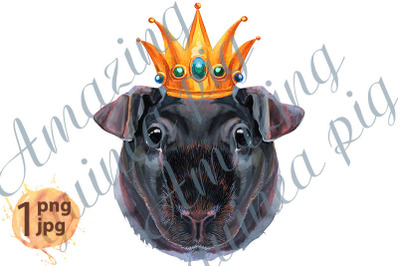 Watercolor portrait of Skinny Guinea Pig with gold crown