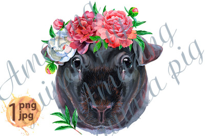 Watercolor portrait of Skinny Guinea Pig with flowers