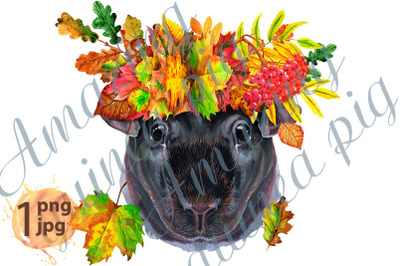Watercolor portrait of Skinny Guinea Pig in a wreath of autumn leaves