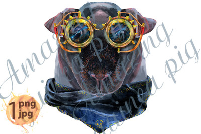 Watercolor portrait of Skinny Guinea Pig in steampunk glasses