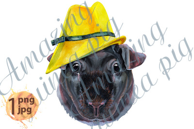 Watercolor portrait of Skinny Guinea Pig in yellow hat