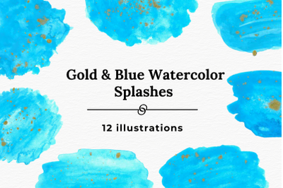 Light blue and gold ink watercolor splash collection