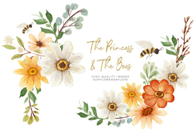 Daisies &amp; Bee Arrangement clipart, Bees clipart watercolor, Sunflower