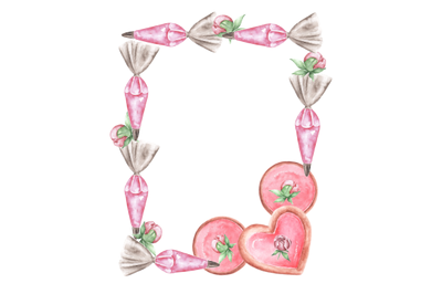 Painted cookies watercolor frame (wreath). Confectioner, pastries