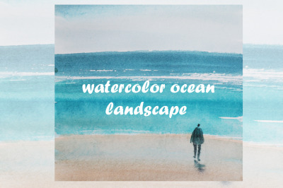 Watercolor nature and landscape ocean and sea and wave with human
