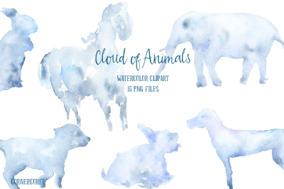 Watercolor Clipart Cloud of Animals