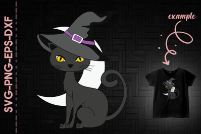 Halloween Night Moon Witch Black Cat