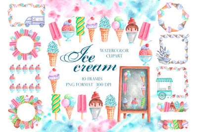 Ice cream watercolor frames. Ice cream clipart. Ice cream wreath.