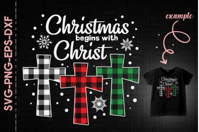 Christmas Begins With Christ Plaid Cross