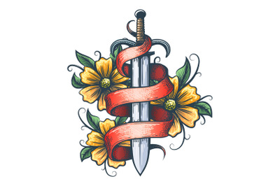 Sword with flowers and ribbon
