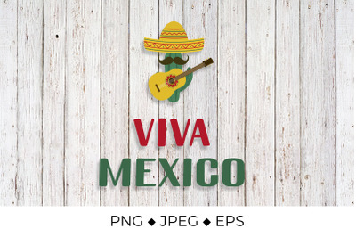 Viva Mexico lettering with sombrero&2C; cactus and guitar