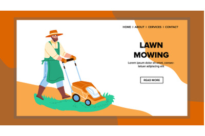 Lawn Mowing Gardener With Mower Device Vector