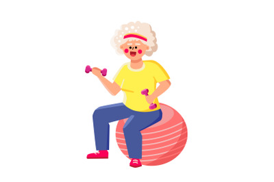 Senior Woman Hold Dumbbells Sit On Fit Ball Vector