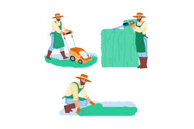 Gardener Man Work In Garden Collection Set Vector