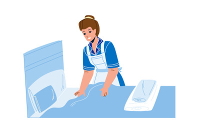 Housekeeper Woman Making Bed In Bedroom Vector