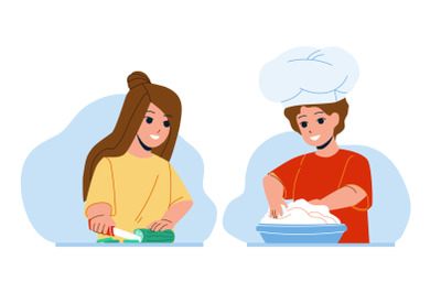 Kids Cooking Salad And Dessert Together Vector