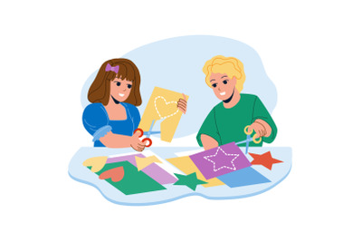 Kids Paper Craft Together In Kindergarten Vector