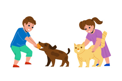 Kids Playing With Pets Together In Park Vector