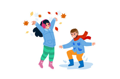 Kid Play Together Outdoor In Autumn Season Vector