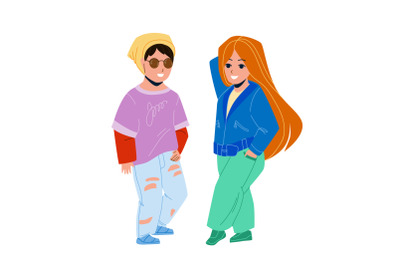 Kids Wearing Fashion Clothes Stay Together Vector