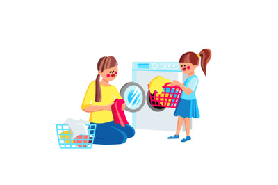 Daughter Girl Helping Mother Doing Laundry Vector