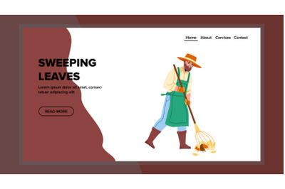 Gardener Sweeping Leaves With Rake Tool Vector