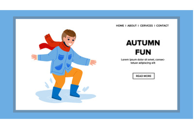 Autumn Fun Jumping On Puddle Boy Child Vector