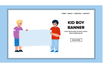 Kid Boy Holding Blank Empty Banner Together Vector