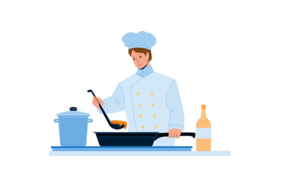 Chef Man Cooking On Restaurant Kitchen Vector