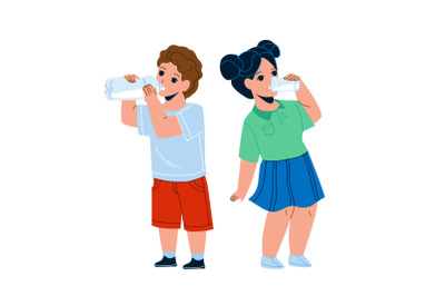 Children Drink Milk From Glass And Bottle Vector