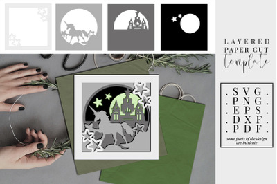 Layered Paper Cut Unicorn Castle, 3D Layered Papercut, SVG, DXF, PDF