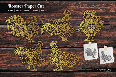 Rooster Paper Cut, Vector illustration. Template For Cutting