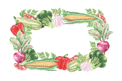 Vegetables watercolor frame. Harvest vegetables. Corn, pepper