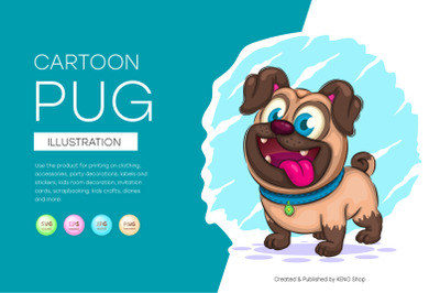 Cute cartoon pug, cute clipart, animal.