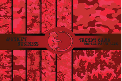 Red camo seamless patterns, digital paper pack, repeating camo print