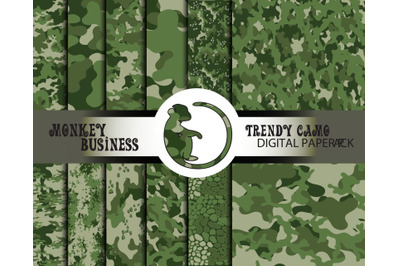 Green digital paper pack, Seamless camouflage print pack, Army design